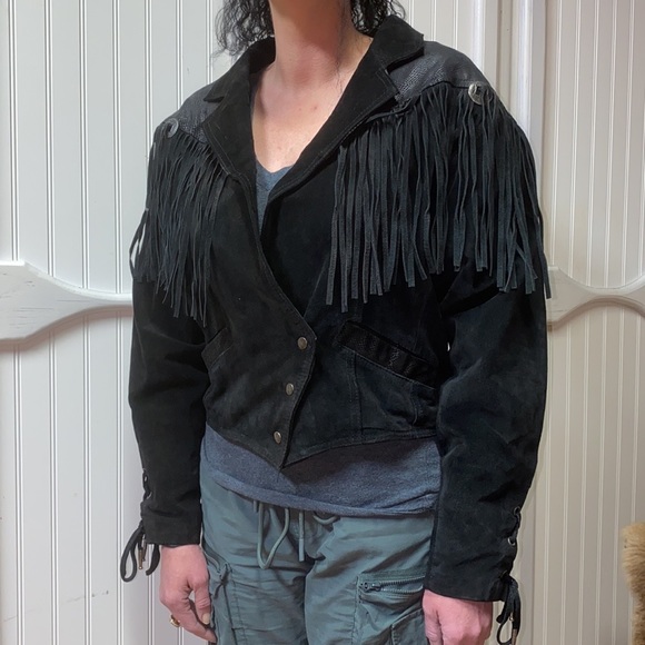 90s Western Fringe Black Leather Jacket M Vintage Cowgirl - Picture 9 of 9